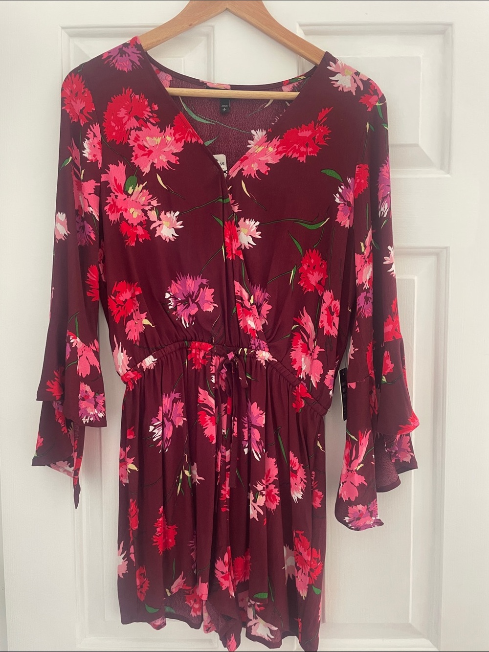 Express Burgundy Floral V-Neck Top with Pink and Red Accents